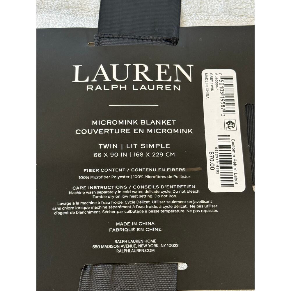Lauren Ralph Lauren Micromink Blanket Twin Gray Luxuriously Soft Plush 66x90 - Picture 3 of 4